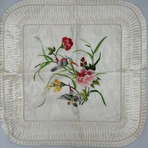 Vintage Chinese Silk Embroidered Needlework Bird & Floral Square Pillow Case 19"